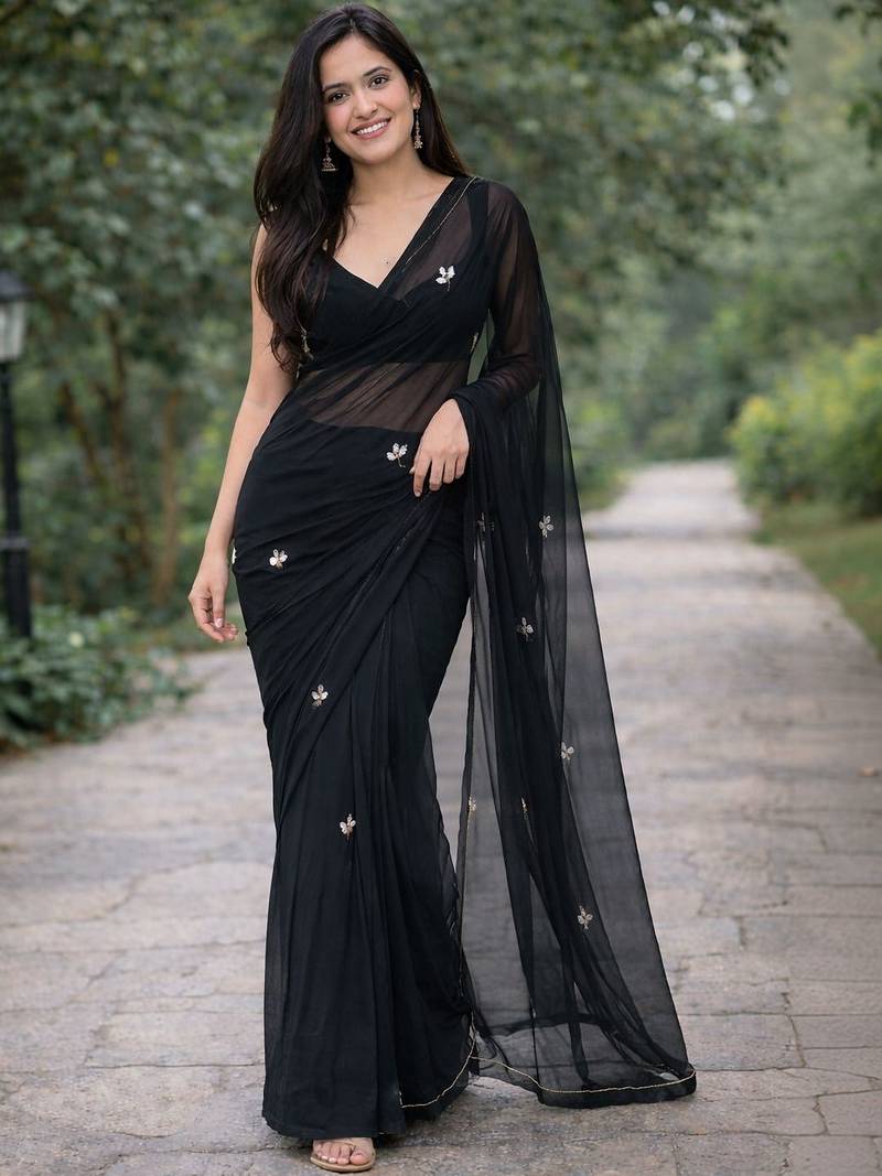 Black solid georgette hand-embroidered floral buttis salli work border sarees