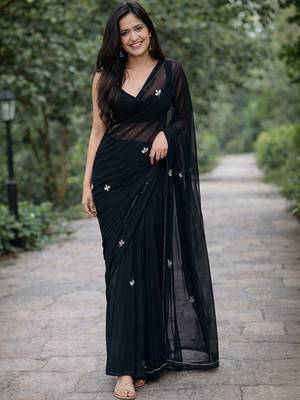 Black solid georgette hand-embroidered floral buttis salli work border sarees 2