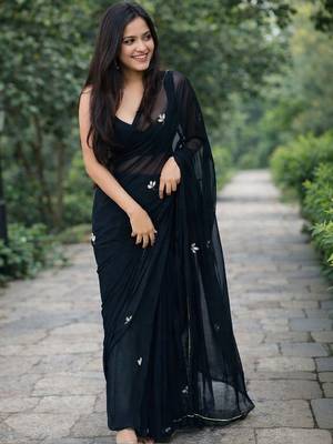 Black solid georgette hand-embroidered floral buttis salli work border sarees 4