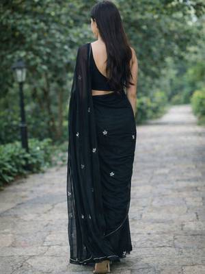 Black solid georgette hand-embroidered floral buttis salli work border sarees 5