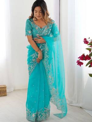 Blue organza sequin embroideried blouse piece & sarees 1