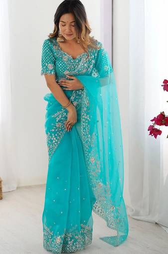 Blue organza sequin embroideried blouse piece & sarees