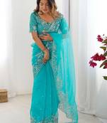 Blue organza sequin embroideried blouse piece & sarees
