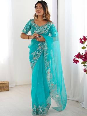 Blue organza sequin embroideried blouse piece & sarees 2