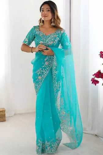 Blue organza sequin embroideried blouse piece & sarees