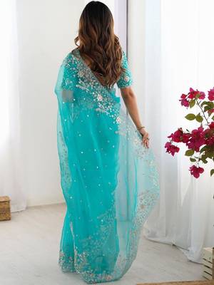 Blue organza sequin embroideried blouse piece & sarees 3