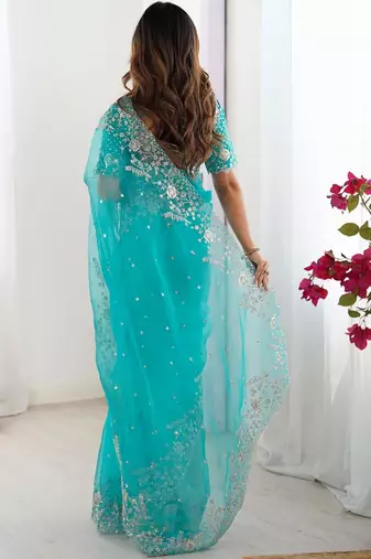 Blue organza sequin embroideried blouse piece & sarees
