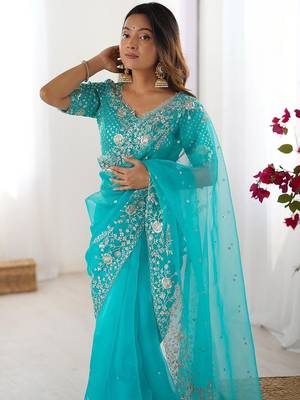 Blue organza sequin embroideried blouse piece & sarees 4