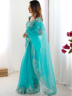 Blue organza sequin embroideried blouse piece & sarees 5