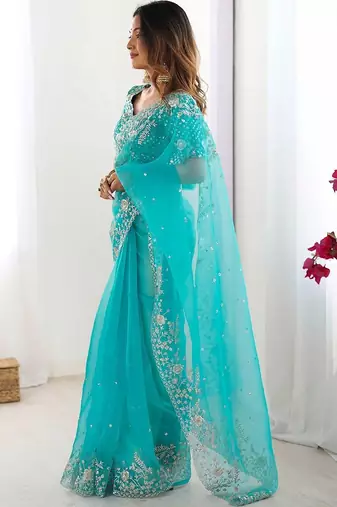 Blue organza sequin embroideried blouse piece & sarees