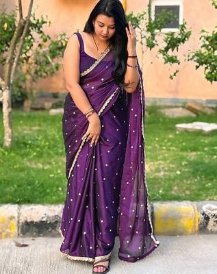Purple embellished mirror work  georgette saree 1