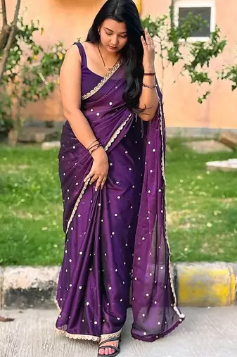 Purple embellished mirror work  georgette saree