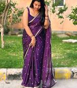 Purple embellished mirror work  georgette saree
