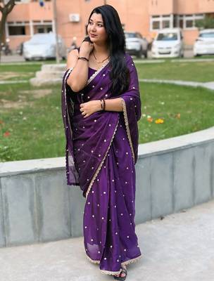 Purple embellished mirror work  georgette saree 2