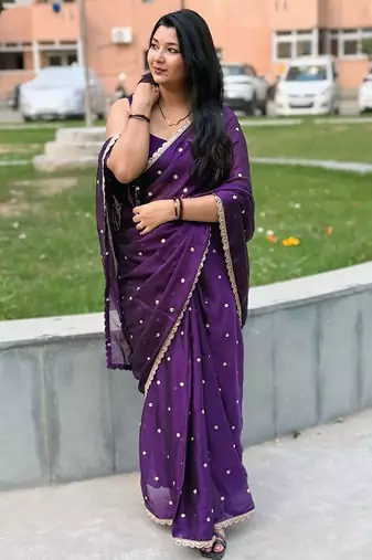 Purple embellished mirror work  georgette saree