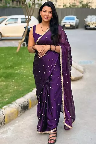 Purple embellished mirror work  georgette saree