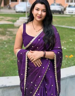 Purple embellished mirror work  georgette saree 4