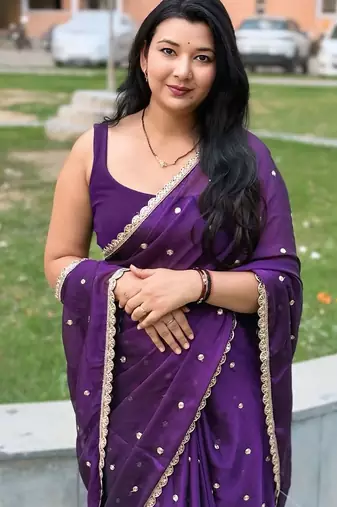 Purple embellished mirror work  georgette saree