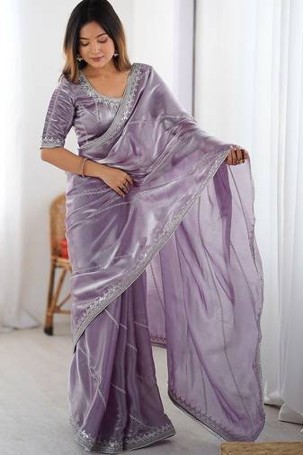 Purple tissue silk sequin embroideried blouse piece & sarees
