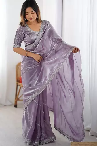 Purple tissue silk sequin embroideried blouse piece & sarees