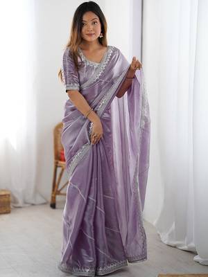 Purple tissue silk sequin embroideried blouse piece & sarees 2