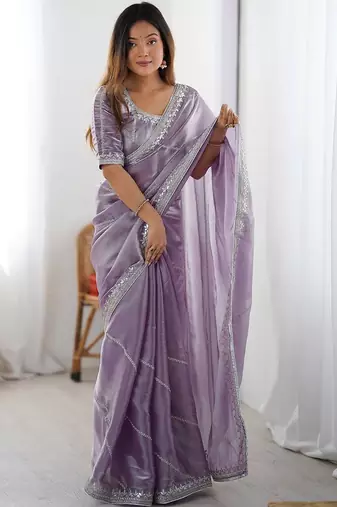 Purple tissue silk sequin embroideried blouse piece & sarees