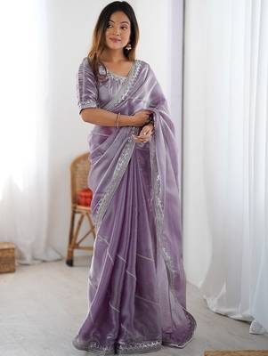Purple tissue silk sequin embroideried blouse piece & sarees 3