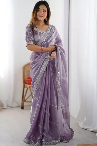 Purple tissue silk sequin embroideried blouse piece & sarees