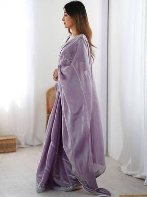 Purple tissue silk sequin embroideried blouse piece & sarees 4