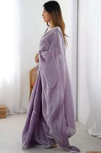 Purple tissue silk sequin embroideried blouse piece & sarees