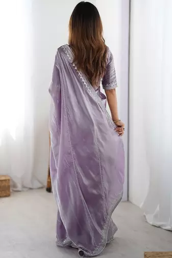 Purple tissue silk sequin embroideried blouse piece & sarees