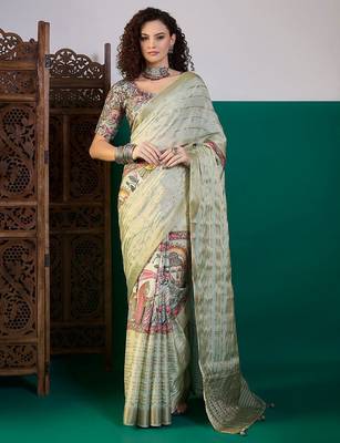 Sea green ethnic digital printed festive wear tussur saree with matching blouse 1