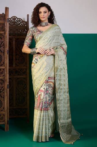 Sea green ethnic digital printed festive wear tussur saree with matching blouse
