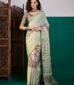 Sea green ethnic digital printed festive wear tussur saree with matching blouse