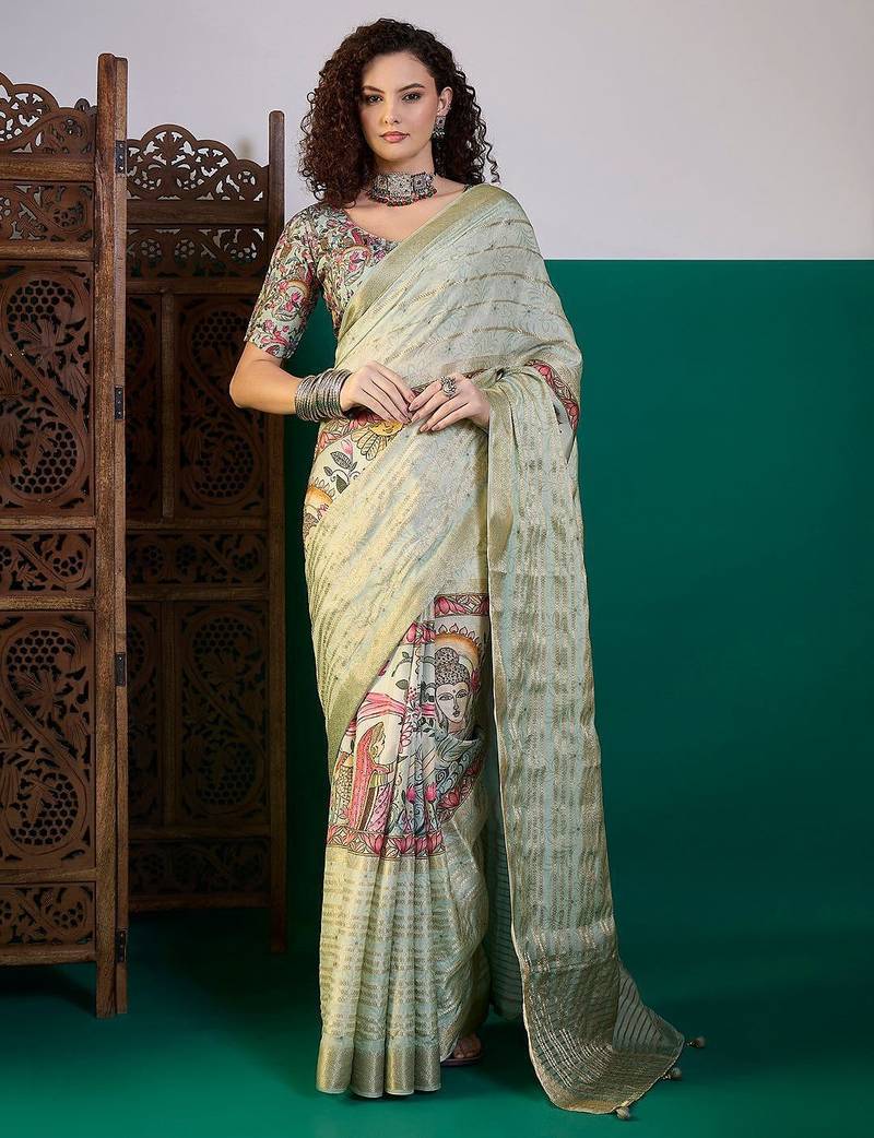 Sea green ethnic digital printed festive wear tussur saree with matching blouse