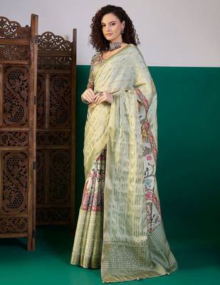 Sea green ethnic digital printed festive wear tussur saree with matching blouse 2