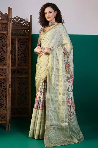 Sea green ethnic digital printed festive wear tussur saree with matching blouse