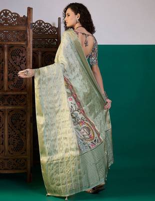 Sea green ethnic digital printed festive wear tussur saree with matching blouse 3