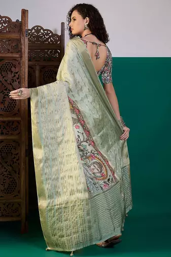 Sea green ethnic digital printed festive wear tussur saree with matching blouse