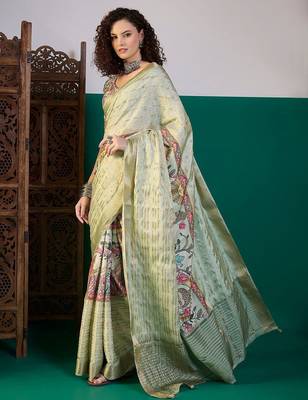Sea green ethnic digital printed festive wear tussur saree with matching blouse 4
