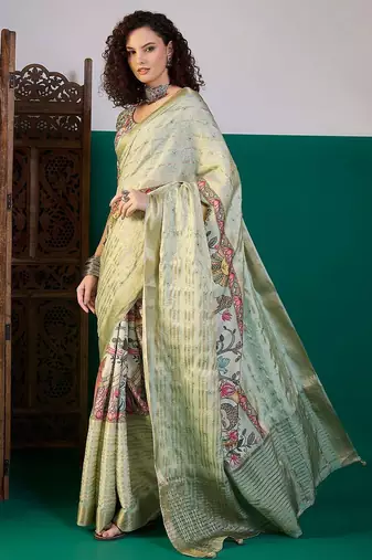 Sea green ethnic digital printed festive wear tussur saree with matching blouse