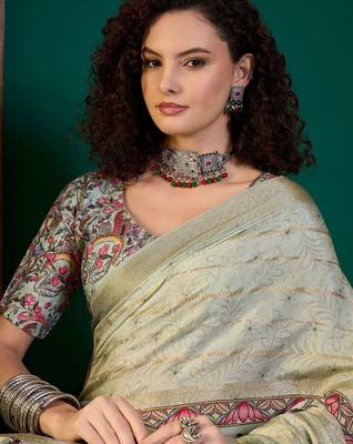 Sea green ethnic digital printed festive wear tussur saree with matching blouse 5