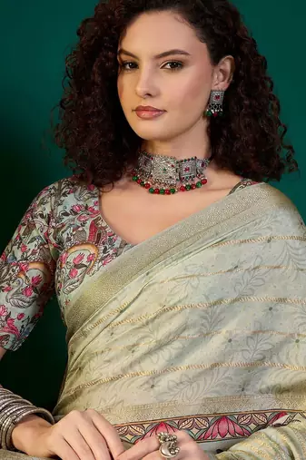 Sea green ethnic digital printed festive wear tussur saree with matching blouse