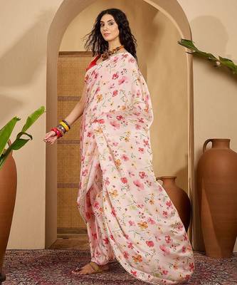 Peach floral printed saree with embellished beads and stones border 4