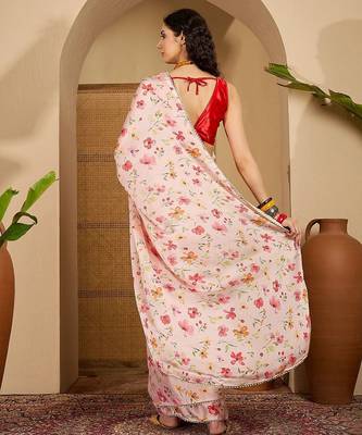 Peach floral printed saree with embellished beads and stones border 5