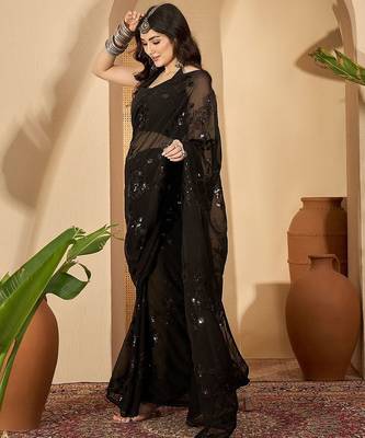 Black sequinned embellished saree with unstitched blouse 2