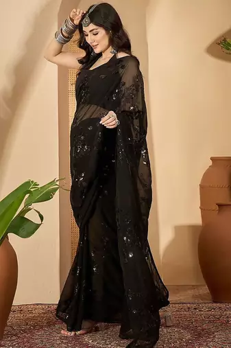 Black sequinned embellished saree with unstitched blouse
