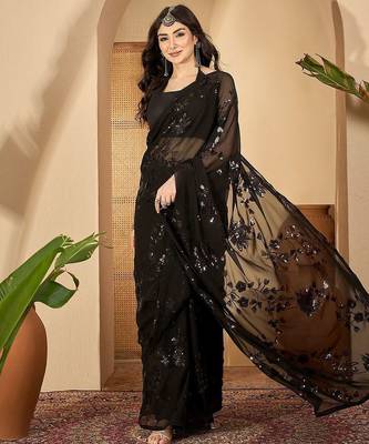 Black sequinned embellished saree with unstitched blouse 5