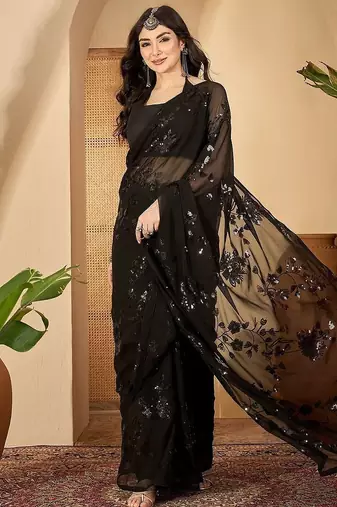 Black sequinned embellished saree with unstitched blouse