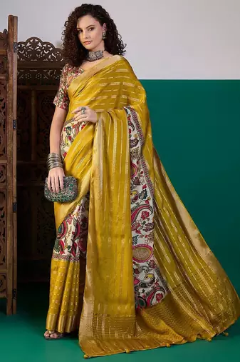 Mustard ethnic printed festive wear tussar saree with unstitched blouse piece